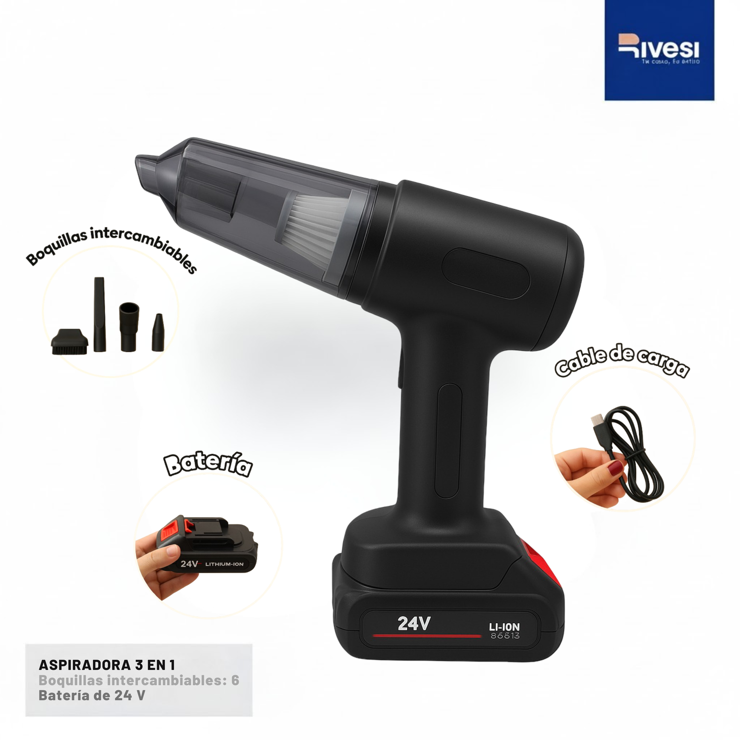 Aspiradora Portátil Rivesi Home Recargable 3 en 1 Marca Mdhl MD-16 - Image 5